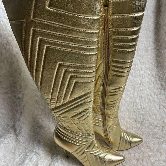Liliana Metallic Gold Quilted Patterned Stitch Pointy Toe Stiletto Boots SZ 6.5 - Picture 3 of 16
